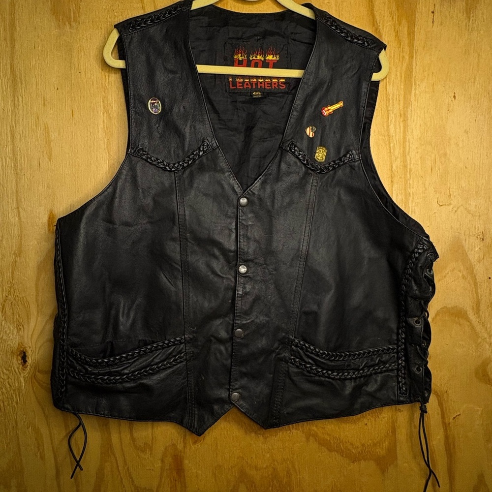Mens Black Leather Motorcycle Biker Vest 4XL Side Lace Braided Club Vest